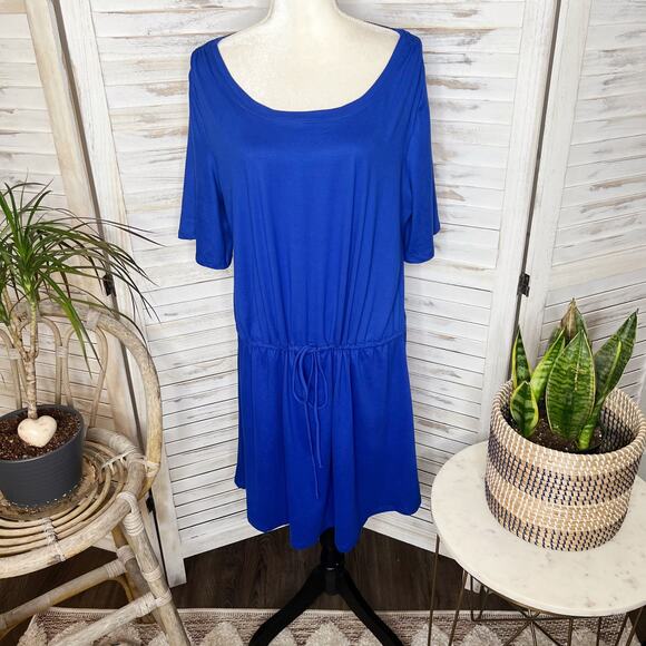 SOFT SURROUNDINGS Women's XL Short Sleeve T Shirt Mini Dress Adj Waist Blue USA - Picture 2 of 13